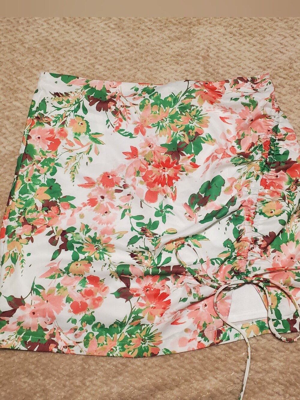 White Floral Mini Skirt with Pink & Green Print
